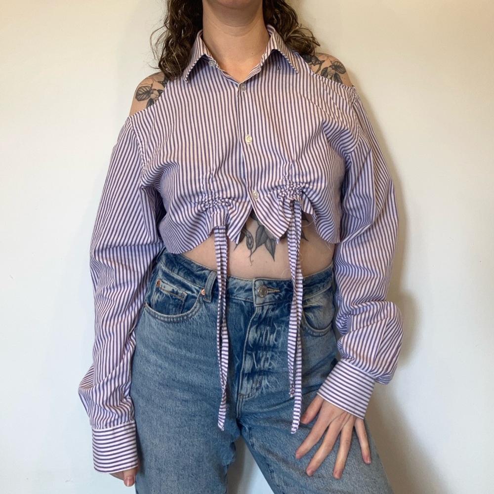 REWORKED Jones New York Purple-and-White Striped shirt 100% cotton in large
